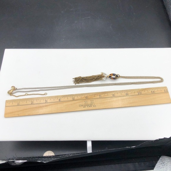 J.Crew Necklace 34" Faux Tortoise Shell Rhinestone Capped Tassel Chain Pendant - Picture 5 of 6